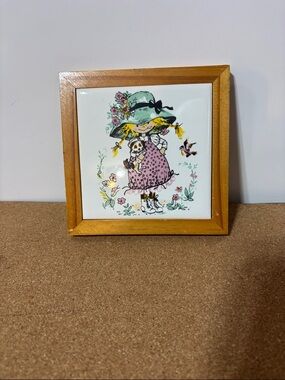 Vintage Style Framed Tile Art - Girl with Green Hat and Pink Dress 5x5” Vintage